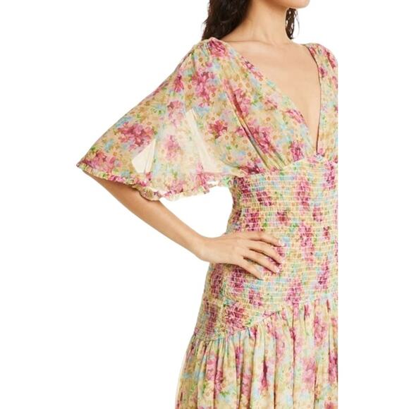 ByTiMo NWT Floral Smocked Chiffon Mini Dress Summer Flowers Size M Deep V-Neck - Picture 13 of 13
